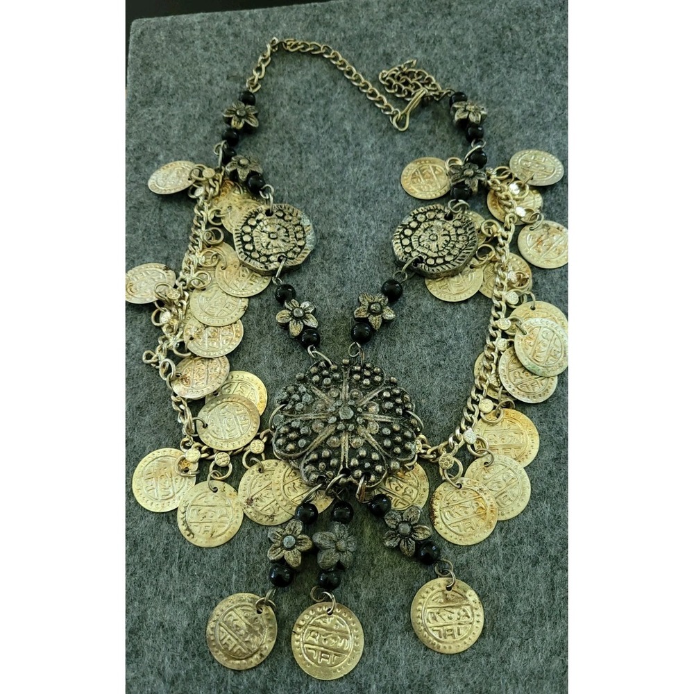 Heavy Silver Tone Coin Bib Necklace Black Beads 20in 111g Boho Statement